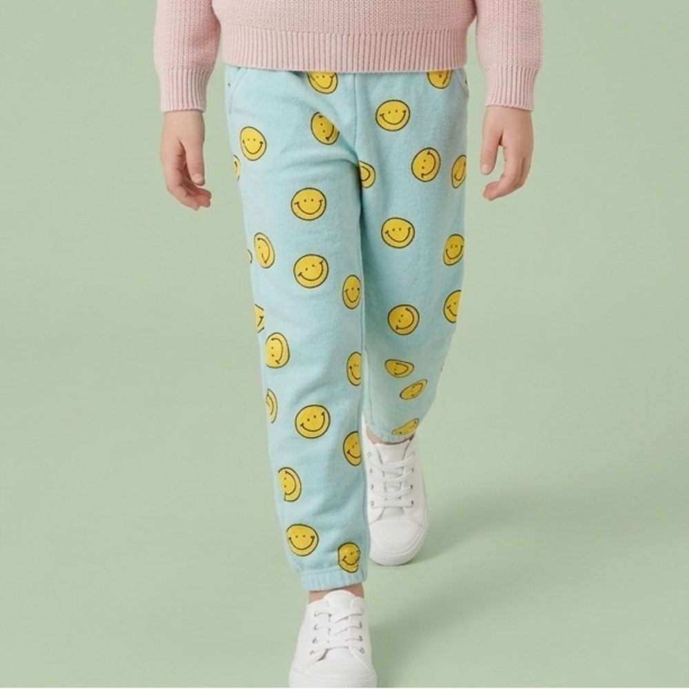 NWT Girls Blue Sweatpants Yellow Smiley Face Cuffed Legs Elastic Waist - Size 6
